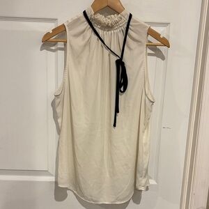 Who What Wear Cream Sleeveless Ruffle-Neck Blouse with Black Tie